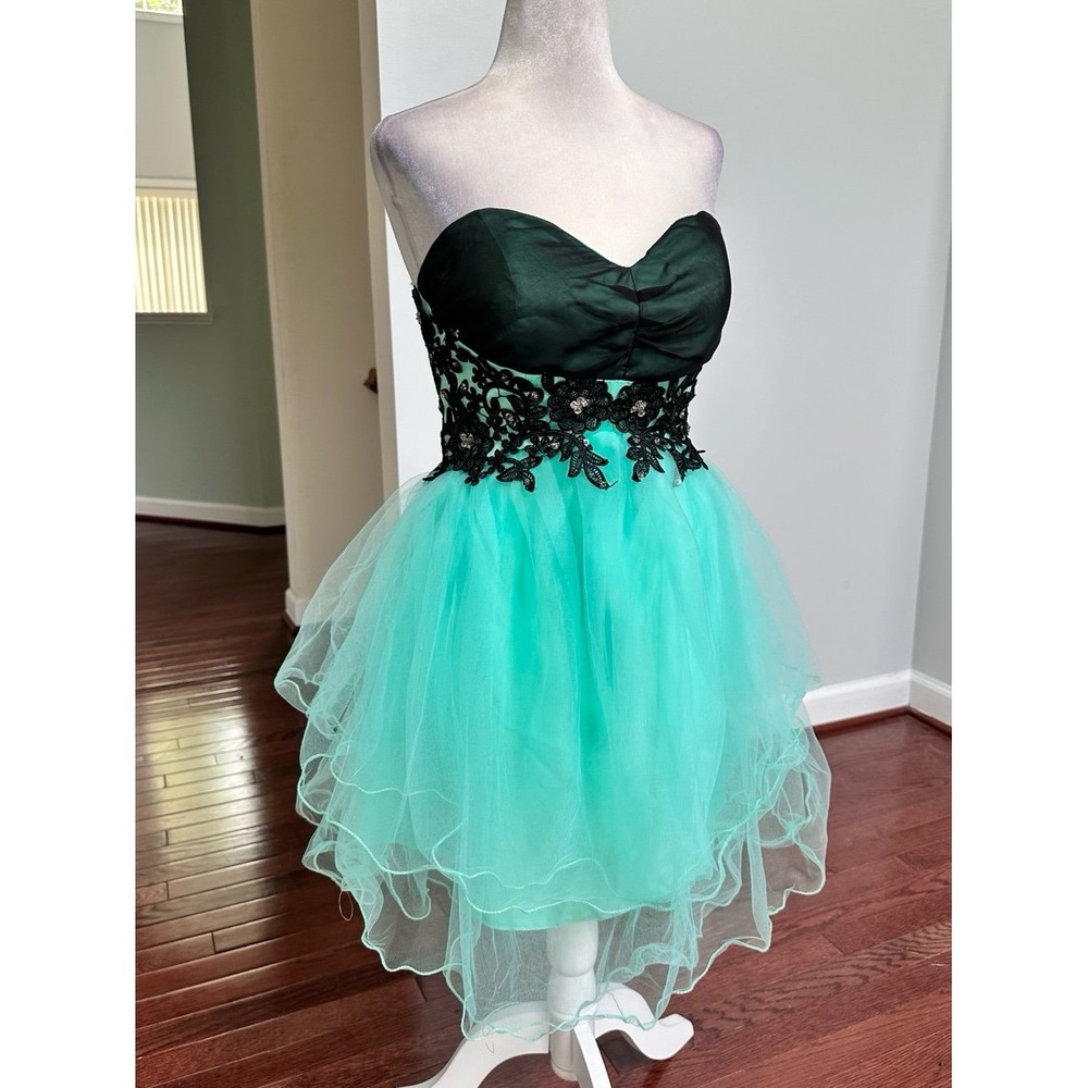 Custom Strapless Black Lace Mint Green Corset Back Cocktail Mini Dress Small - Picture 2 of 12